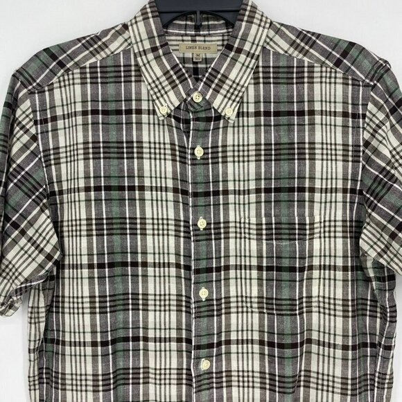 Uniqlo Linen Blend Shirt Mens Sz M Brown Plaid Short Sleeve Slim Fit Button Down - Picture 5 of 6
